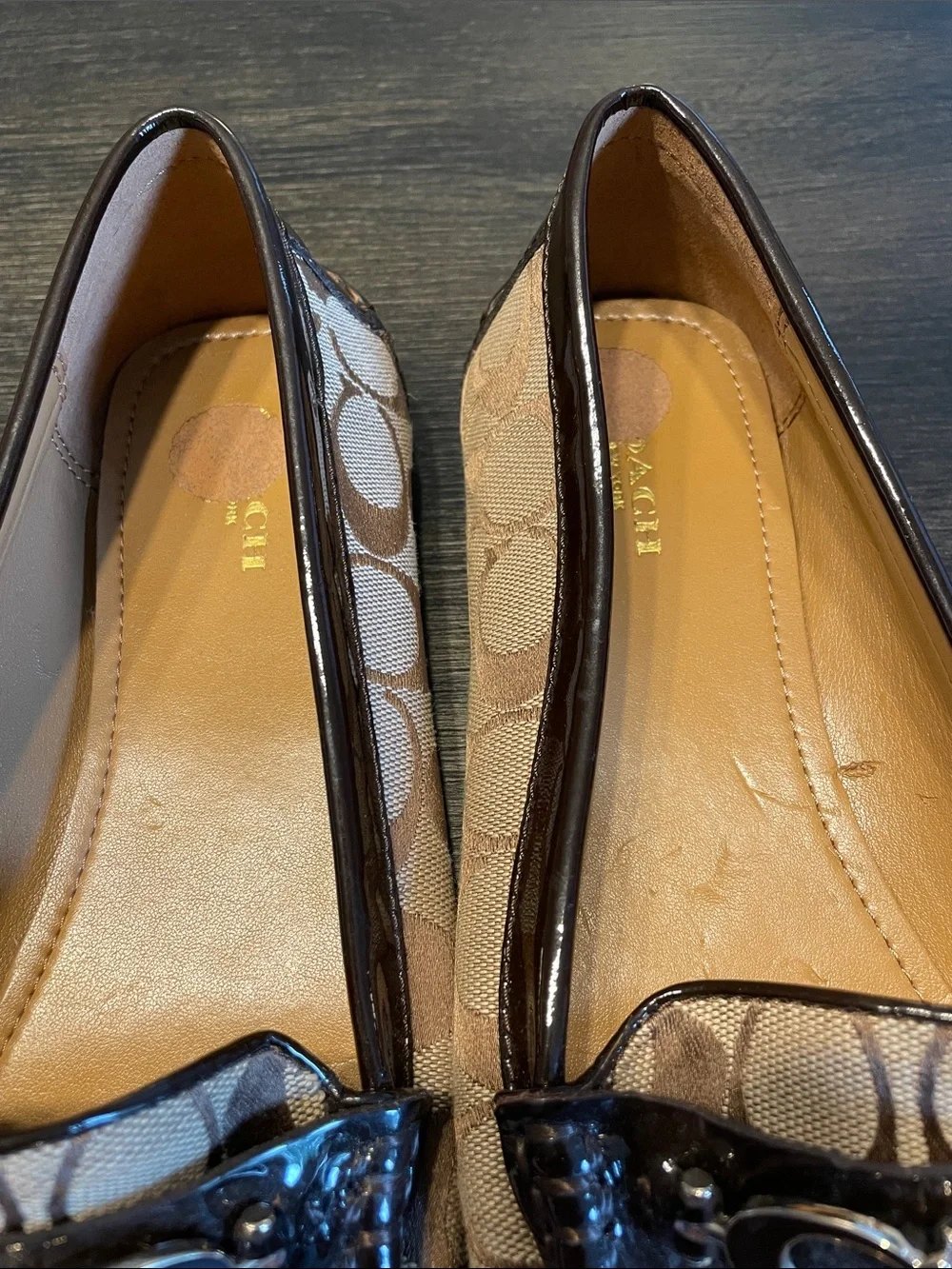 Coach Tan & Brown Signature Canvas Loafers with Metal Bit
